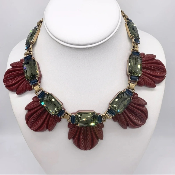 J. Crew Jewelry - J. Crew Blue & Green Crystal Burgundy Resin Gold Necklace